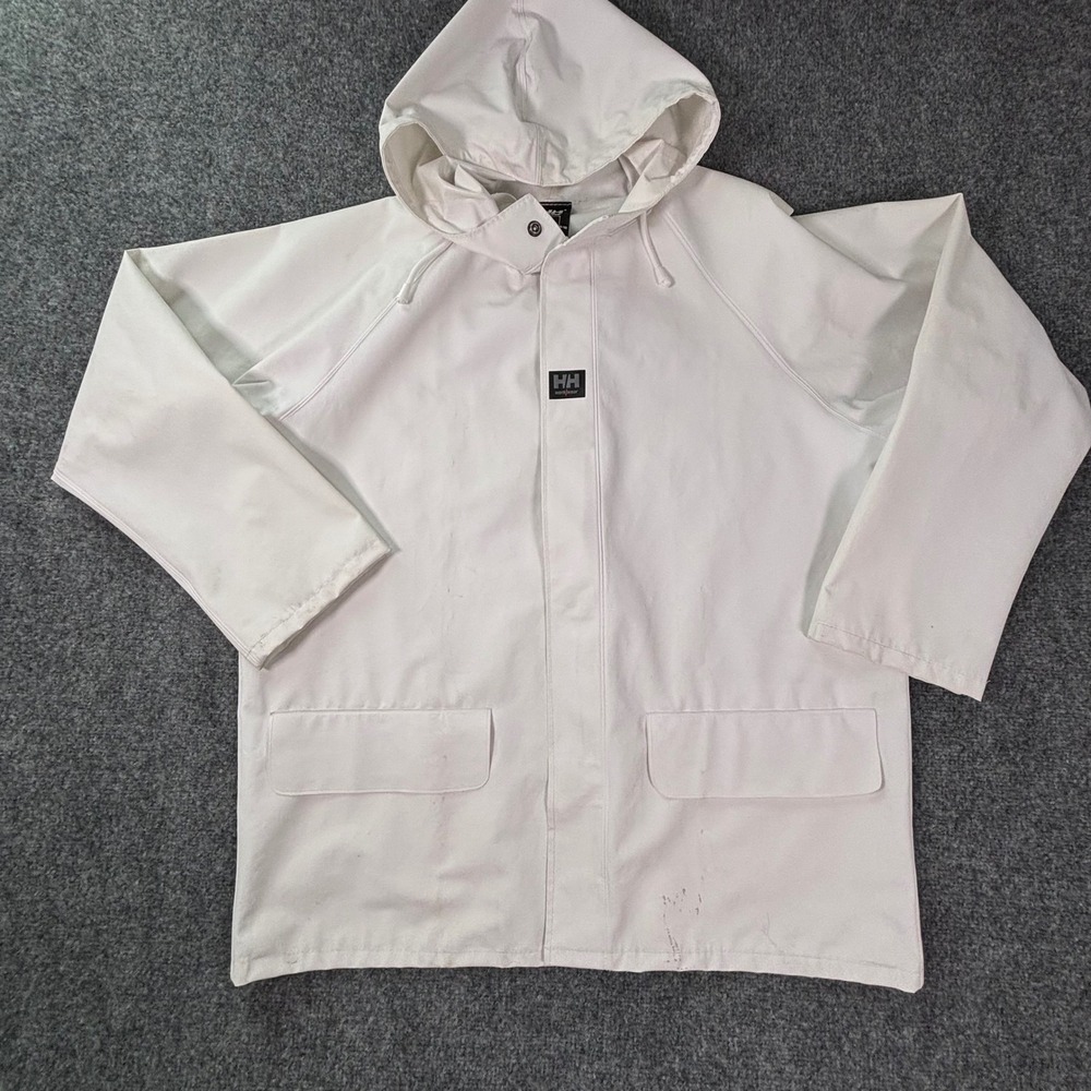 Helly Hansen Workwear Mens White Hooded Rain Jacket Waterproof Coat M *Flaw READ